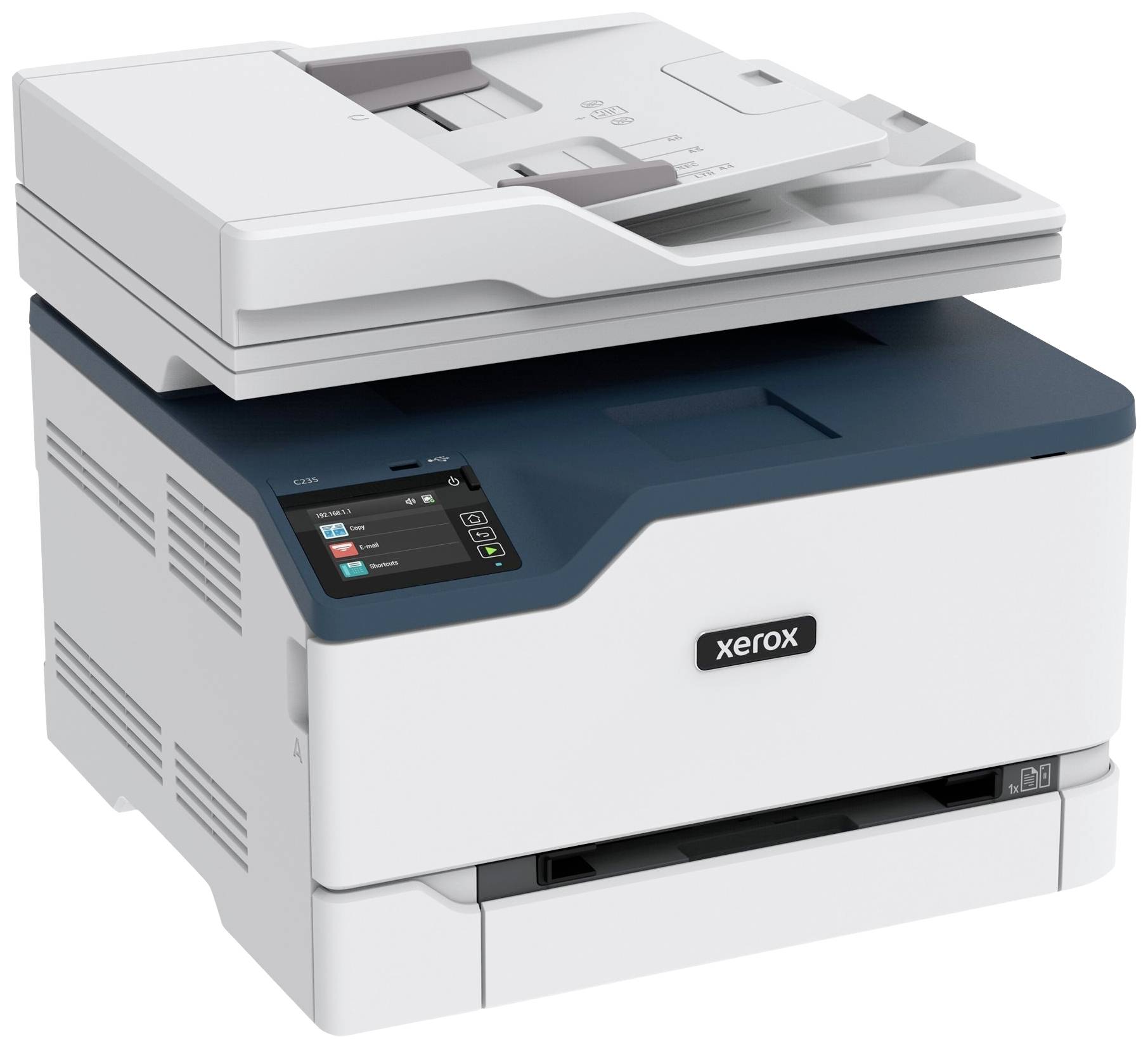 Moderní bílá tiskárna Xerox s připojeným skenerem a displejem, vhodná pro kancelářské použití.