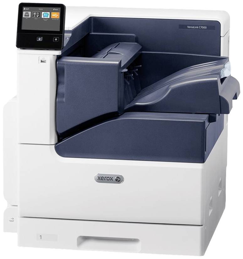 Bílá tiskárna s tmavým ovládacím panelem a nápisem 'Xerox'.