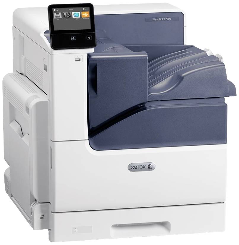 Tiskárna s dotykovým displejem, model Xerox VersaLink C7000, vhodná pro tisk na papír v různých formátech.