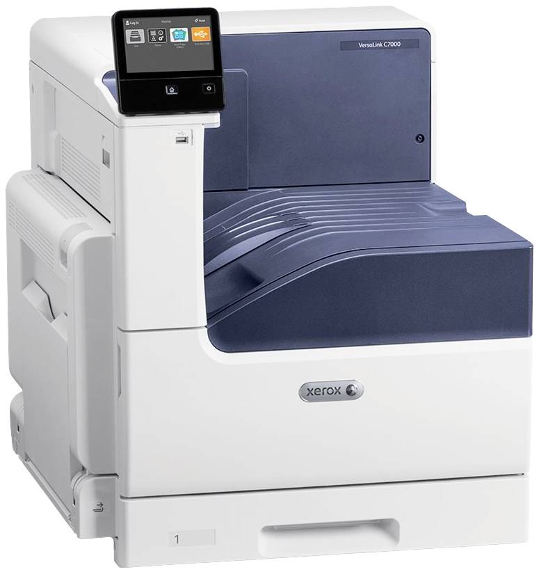 Bílý a modrý tiskový přístroj s displejem, model Xerox VersaLink C9000.