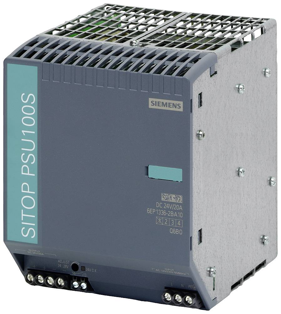 Napájecí zdroj Siemens SITOP PSU100S, DC 24V/20A, šedý kryt s větracími mřížkami a připojovacími svorkami vpravo dole.