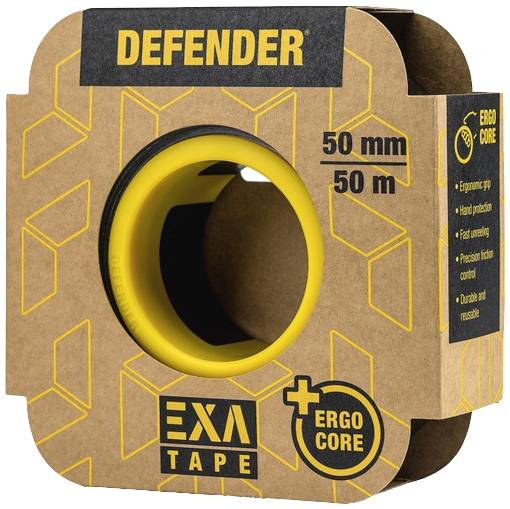 Balení role lepicí pásky, značka 'Defender Exa Tape'. Žluto-černé barvy, 50 mm x 50 m, důraz na ergonomii a odolnost.