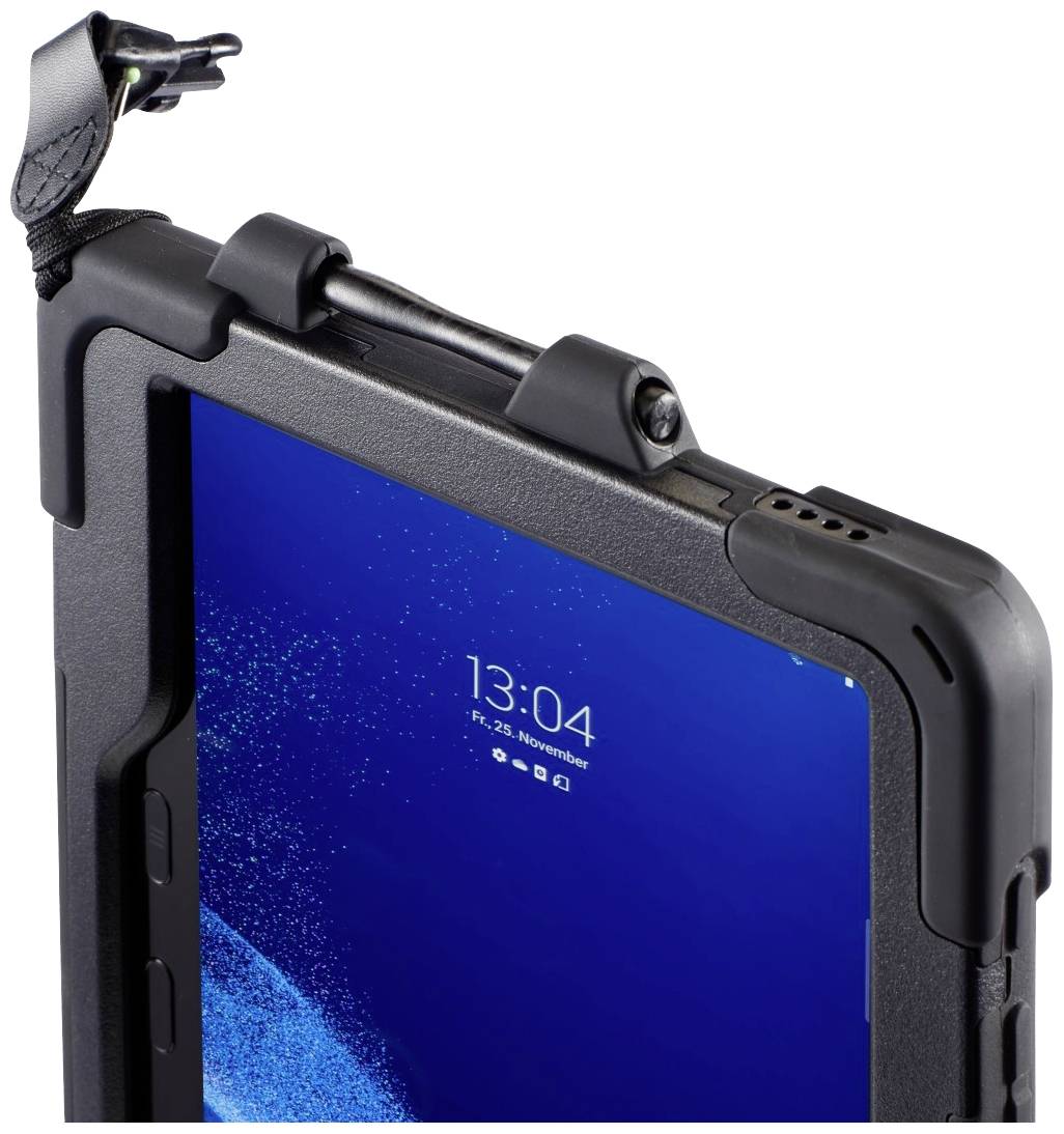 Pohled na robustní tablet s časem '13:04' dne 25. listopadu. Černé zařízení s podstavcem a viditelnou přední kamerou.