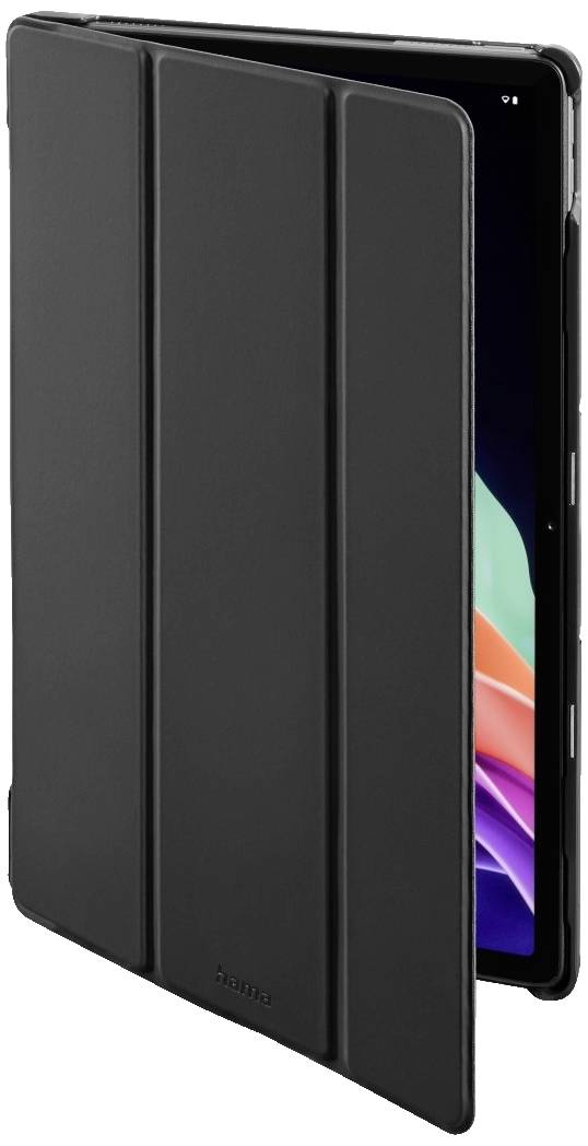Černý tablet s pouzdrem, částečně zavřený. Displej ukazuje pestré barvy, viditelné především na okrajích.