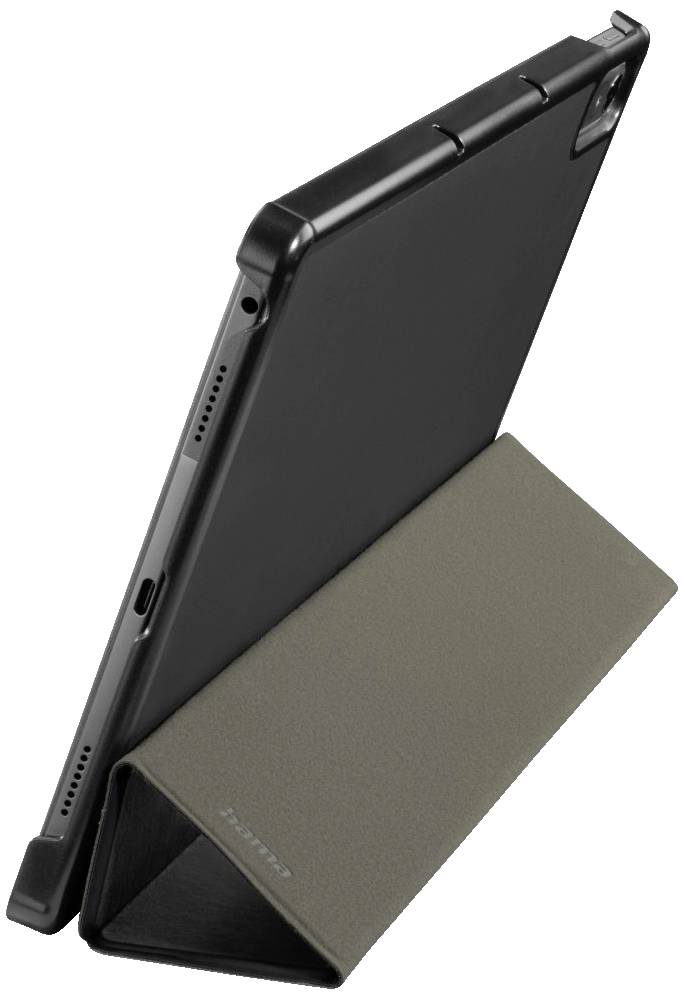 Tablet v černém ochranném pouzdře s trojúhelníkovým stojánkem, umístěné ve vzpřímené poloze.