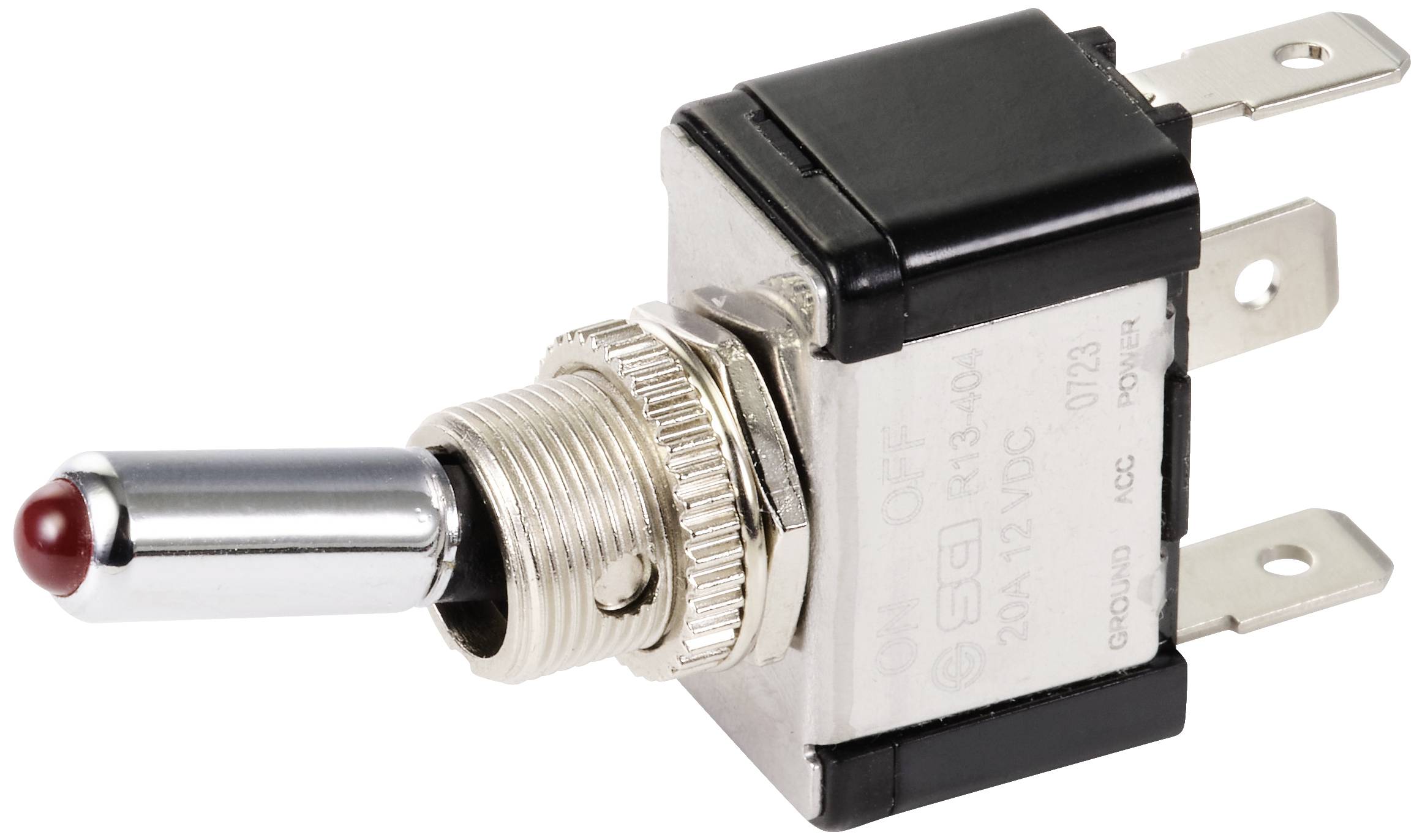 Kovový přepínač s červeným akcentem, vhodný pro elektrické aplikace.