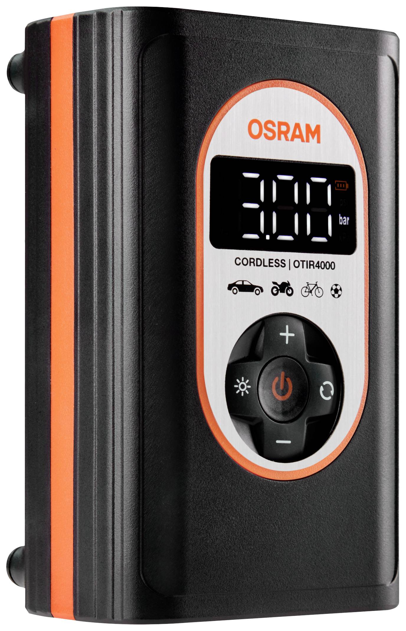 Přenosný Osram kompresor se vzduchem s digitálním displejem, zobrazuje 3,00 bar. Vhodný pro auta, motocykly, jízdní kola a míče.