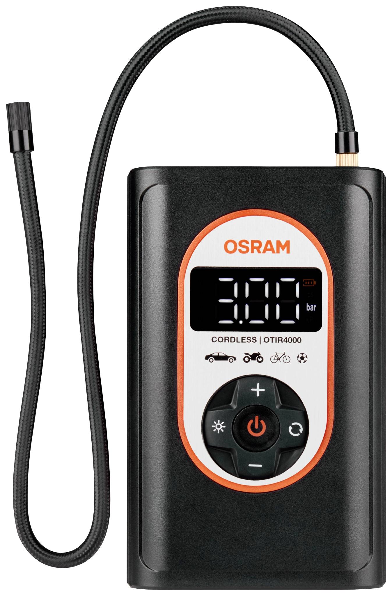 Elektrická vzduchová pumpa s digitálním displejem, zobrazuje '0,0 bar', vhodná pro jízdní kolo, automobil a motocykl, s funkcí nabíjení přes USB.