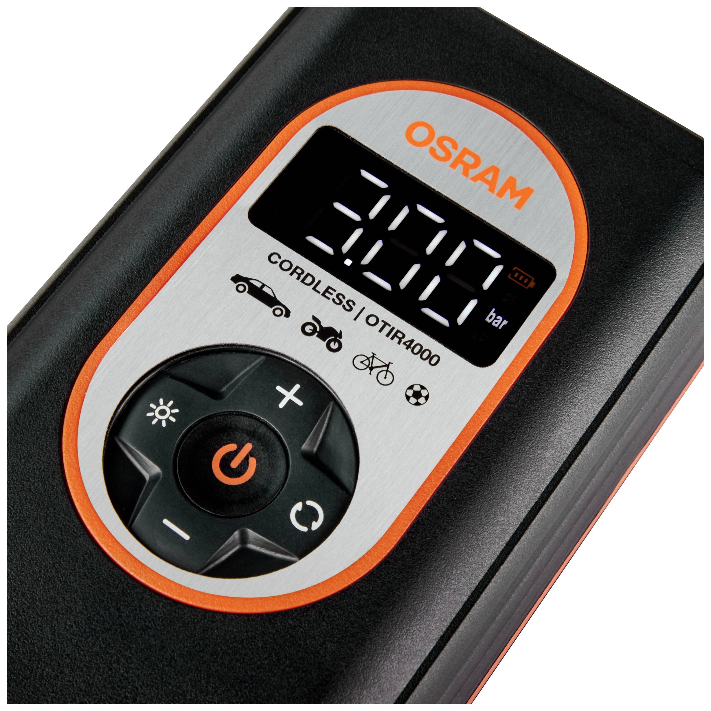 Digitální tlakoměr značky Osram s displejem 'CORDLESS OTIR4000' a zobrazením tlaku v barech, s symboly pro automobil, motocykl a jízdní kolo.