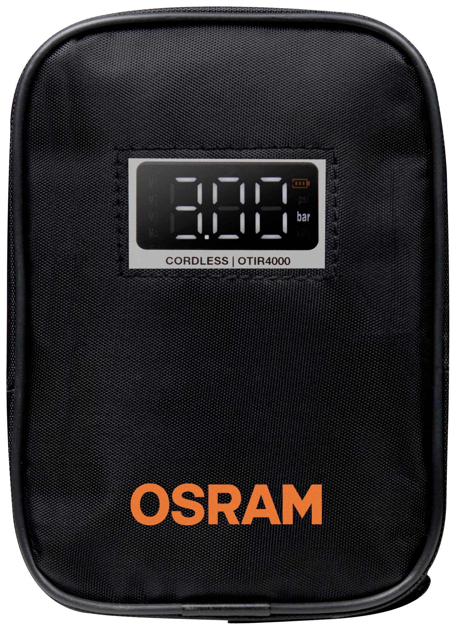 Přenosný kompresor vzduchu 'OSRAM' s digitálním displejem, zobrazuje 3,10 baru.
