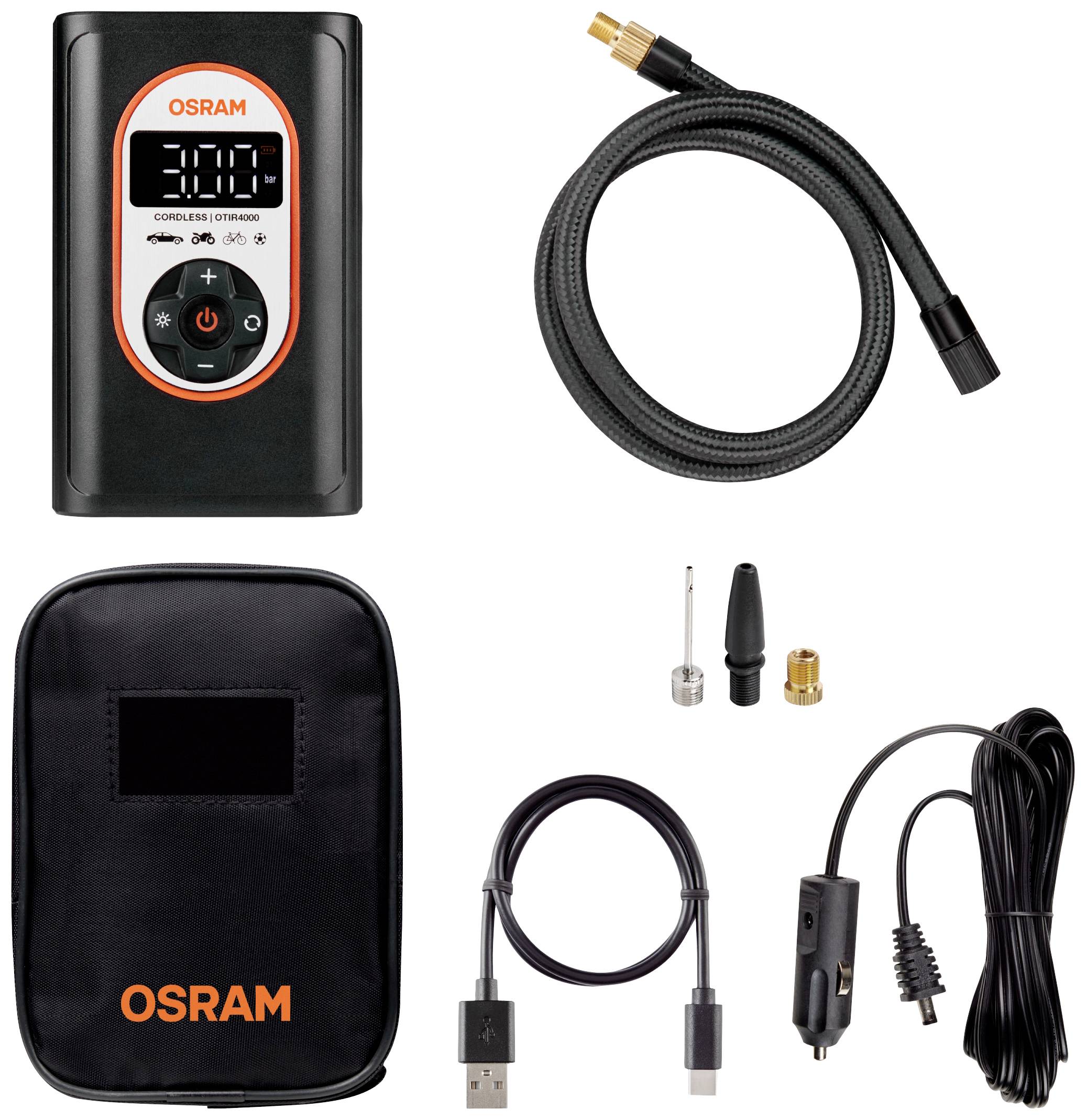Přenosný huštění pneumatik Osram s digitálním displejem, flexibilní hadicí, různými nástavci, taškou, USB a adaptérem do auta.
