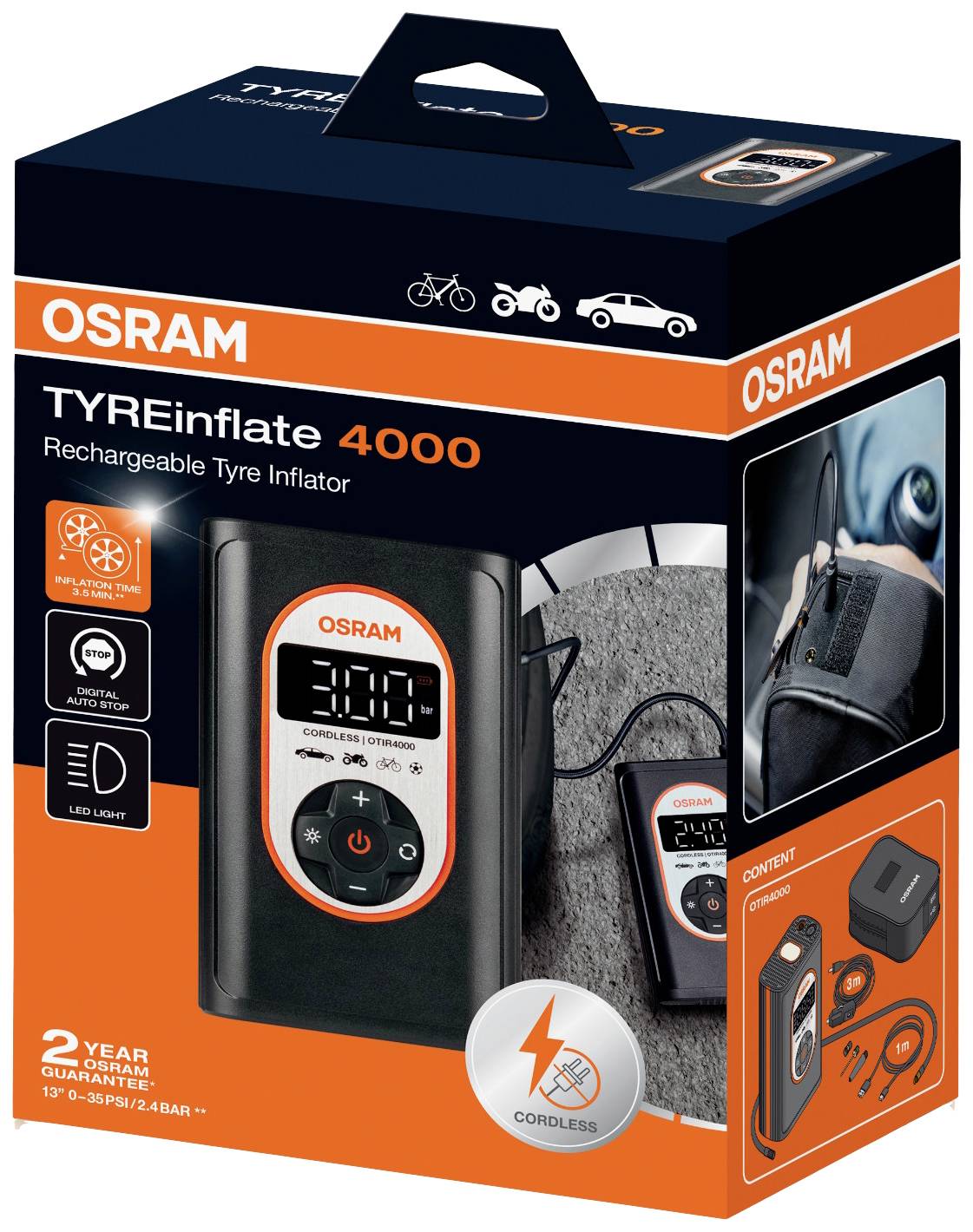 Osram TYREinflate 4000: Dobíjecí kompresor s digitálním displejem, LED osvětlením, 2letou zárukou, vhodný pro automobily a jízdní kola.