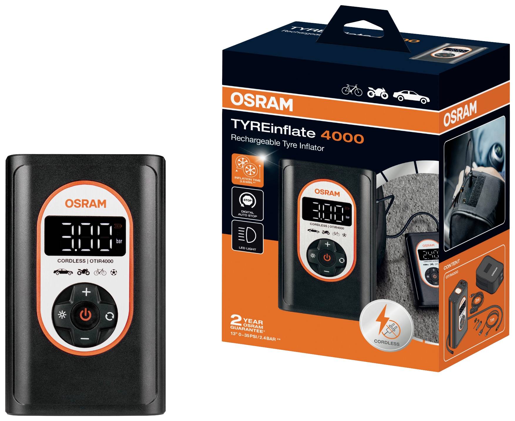 Přenosný měřič tlaku v pneumatikách 'OSRAM TYREinflate 4000' vedle obalu. Vhodný pro automobily, motocykly a jízdní kola. S LED displejem.