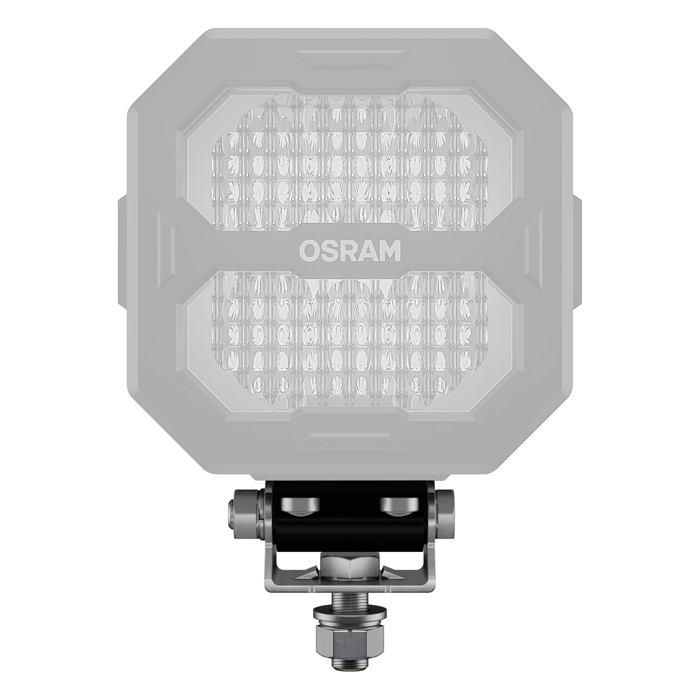 Čtvercové LED světlo s nápisem 'OSRAM', upevněné na kovovém držáku.