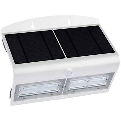 Solární lampa se dvěma integrovanými LED světly a pohybovým senzorem, umístěná na bílém krytu. Ideální pro venkovní osvětlení.