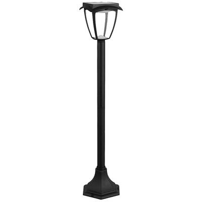 Vysoká černá lampa s moderním, minimalistickým designem, vhodná pro osvětlení chodníků nebo zahrad.