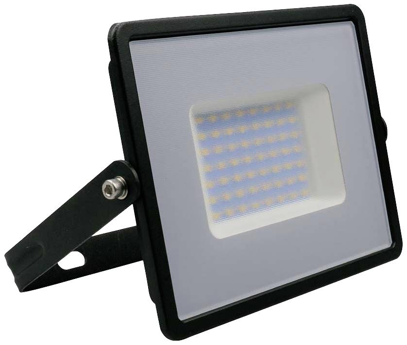 Obdélníkový LED reflektor s černým tělem a montážní konzolí pro upevnění zobrazuje mřížkový LED panel.