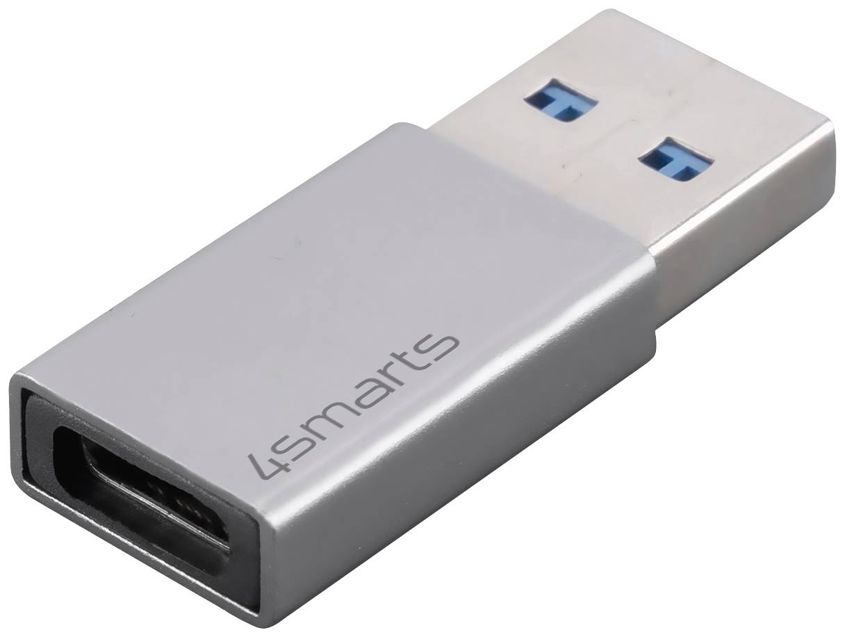 USB adaptér od 4smarts s USB-C a USB-A porty. Stříbrný design, kompaktní a vhodný pro připojování zařízení.