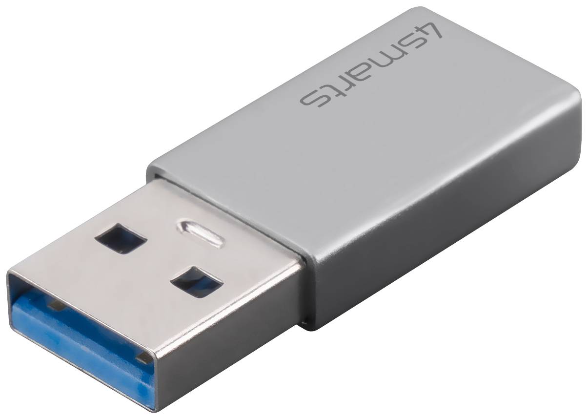 USB flash disk s kovovým tělem, modrým vnitřkem a USB konektorem, na horní straně označený nápisem '4Smart'.