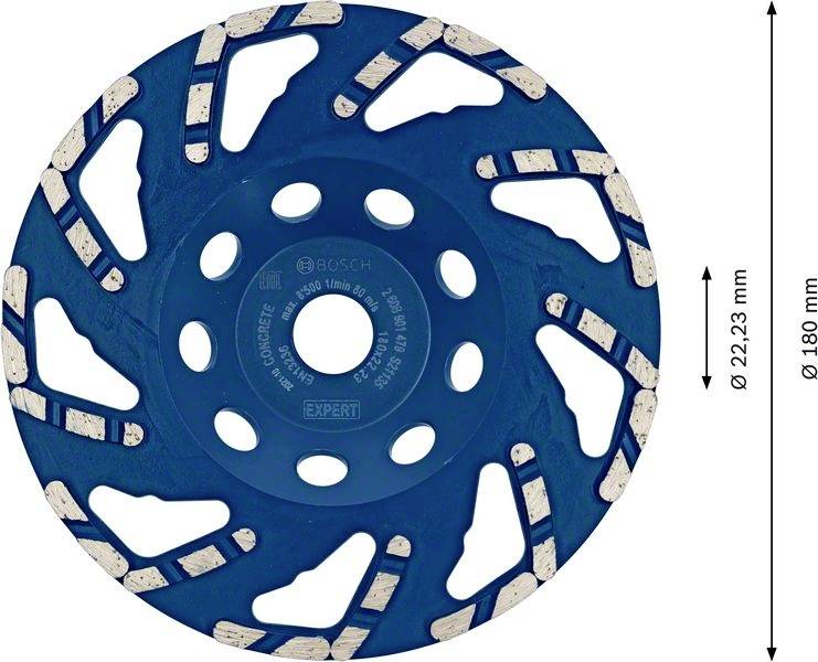 Modrý řezný kotouč se zuby na okraji, průměr Ø180 mm, otvor Ø22,23 mm. Vhodný pro materiály jako cihly a žula.