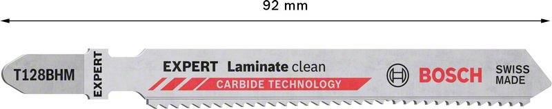 Pilový list, 92 mm dlouhý, pro čistý řez laminátu, značka Bosch, nápis: 'EXPERT Laminate clean', 'CARBIDE TECHNOLOGY', 'SWISS MADE'.