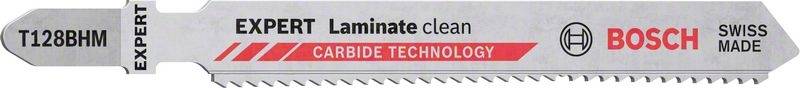 Pilový list Bosch s nápisem 'EXPERT Laminate clean', 'Carbide Technology' a 'Swiss Made'. Typ T128BHM.