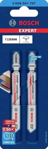 Dva pilové plátky Bosch Expert, model T128 BHM, vhodné pro dřevo a další materiály o tloušťce 2-15 mm, s dlouhou životností.