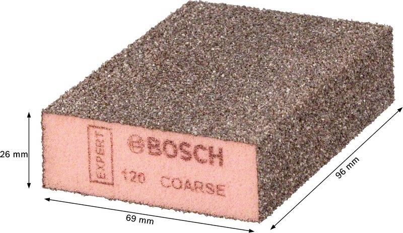 Brusný houbička od Bosch, hrubost 120, obdélníkový, rozměry: 69 mm x 96 mm x 26 mm. Vhodný pro ruční broušení.