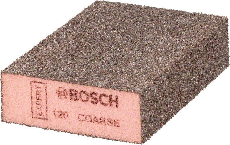 Brusný houba od Bosche, hrubost 120, hnědý povrch, obdélníkový tvar. Používá se pro broušení dřevěných nebo kovových povrchů.