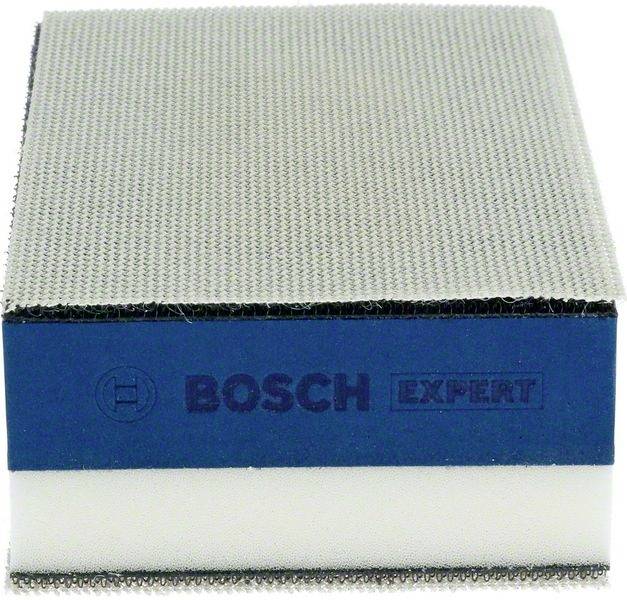 Modrá brusná houba Bosch s texturovaným povrchem na horní straně, s nápisem 'BOSCH EXPERT' na boku.