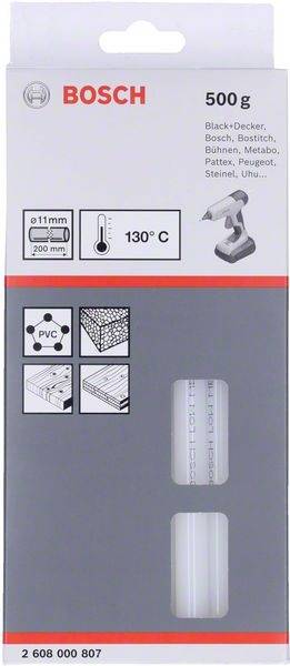 Balení Bosch tavných lepicích tyčinek. Obsahuje 500g, vhodné pro pistole s průměrem 11 mm a teplotou 130°C. Použitelné na PVC a dřevo.