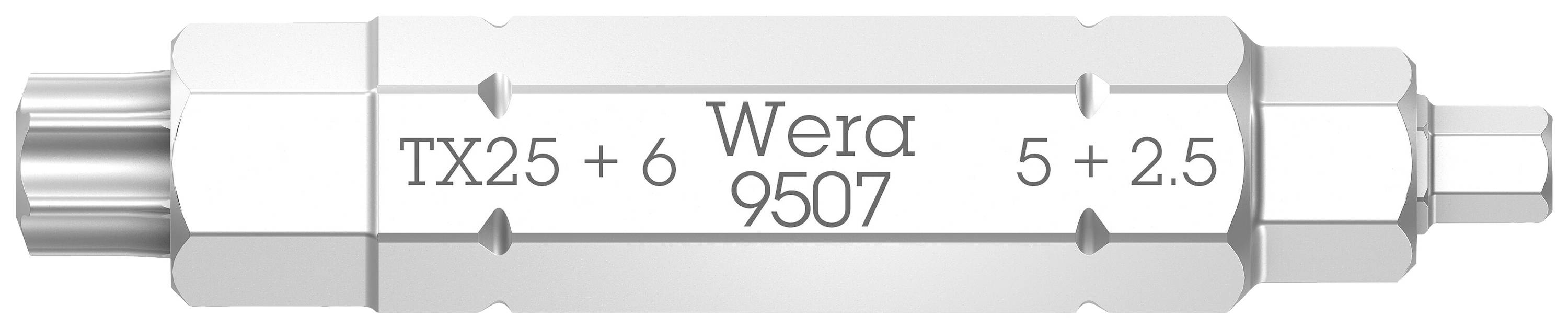 Šroubovací bit značky Wera, TX25 + 6 na jedné straně a 5 + 2,5 na straně druhé, modelové číslo 9507.