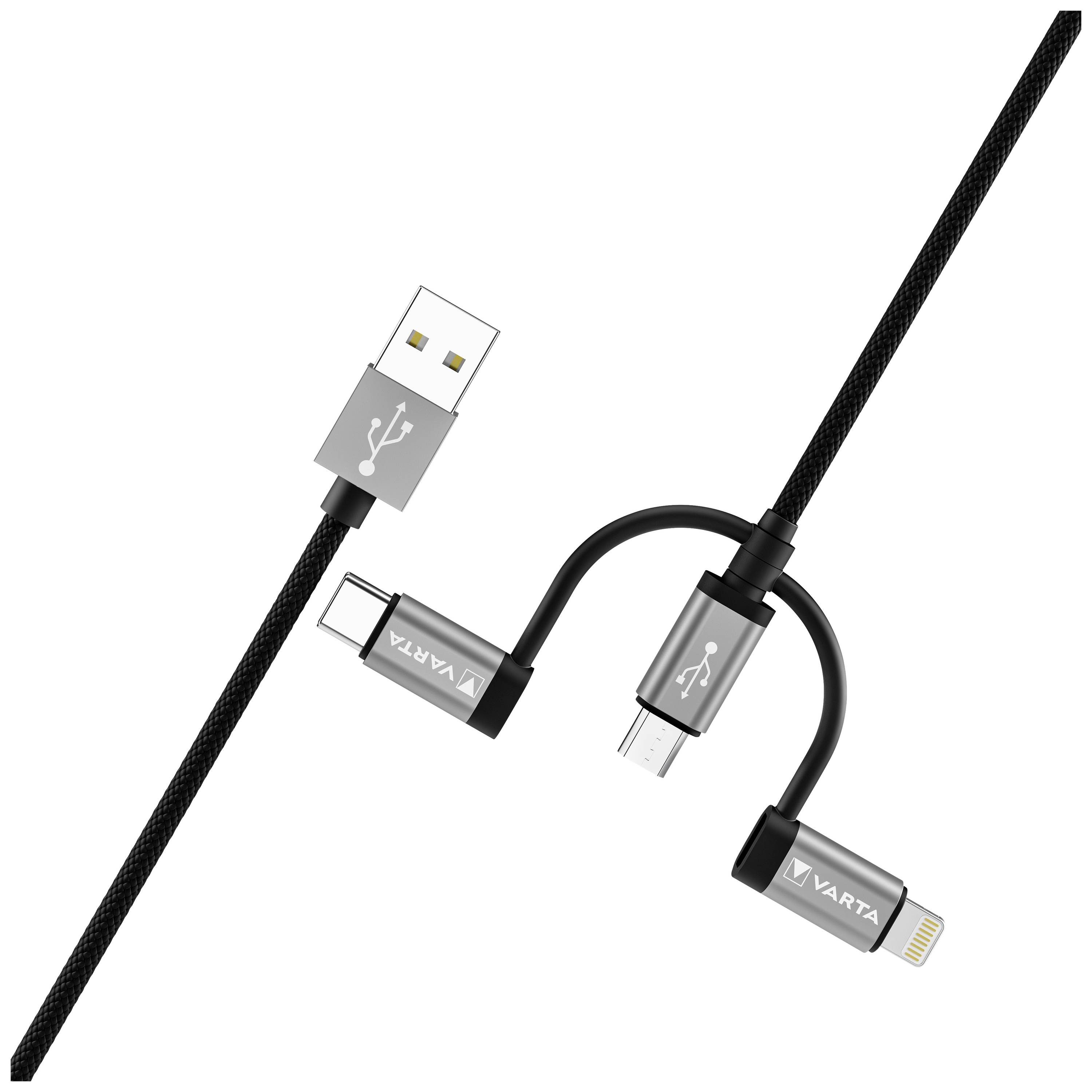 Černý nabíjecí kabel se čtyřmi různými konektory: USB-A, USB-C, Micro-USB a Lightning, vhodný pro různá zařízení.