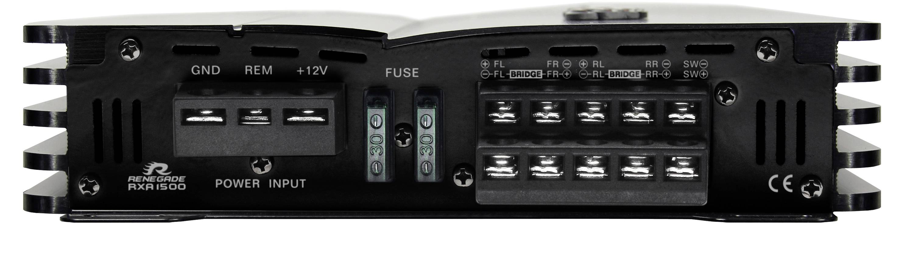 Čelní pohled na audiovzesilovač s přípojkami a pojistkami včetně popisků jako GND, REM, +12V a Power Input.