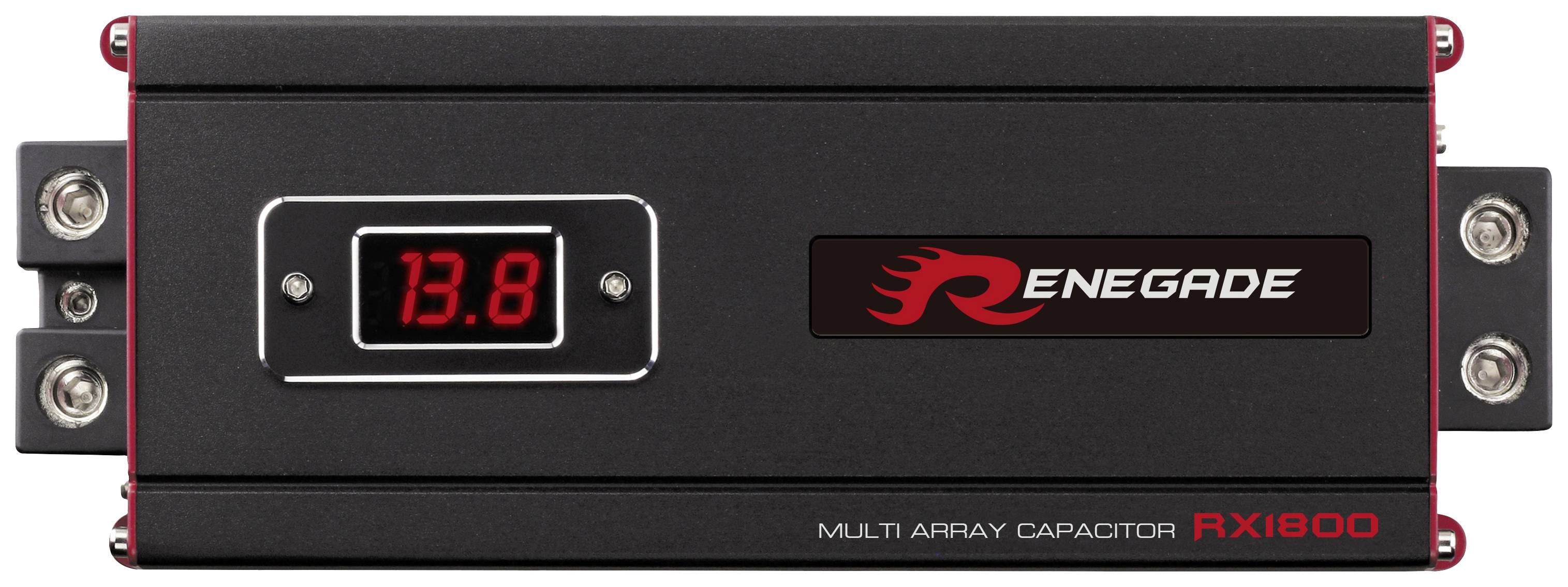 Černý zesilovač s digitálním displejem zobrazuje '13.8'. Vpravo logo 'Renegade'. Model 'Multi Array Capacitor RX1800'.
