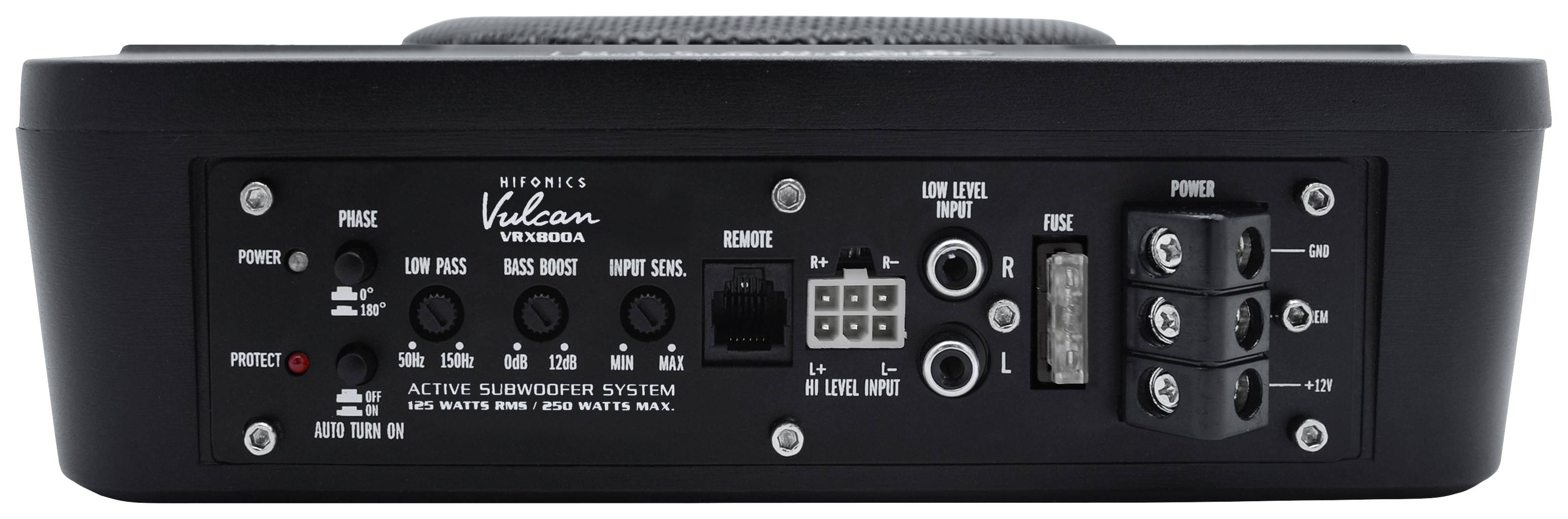 'Zadní strana subwooferu Hifonics Vulcan VX108A s připojovacími body a ovládacími prvky, včetně nízkofrekvenčních a vysokofrekvenčních vstupů, Bass Boostu a napájecího konektoru.'