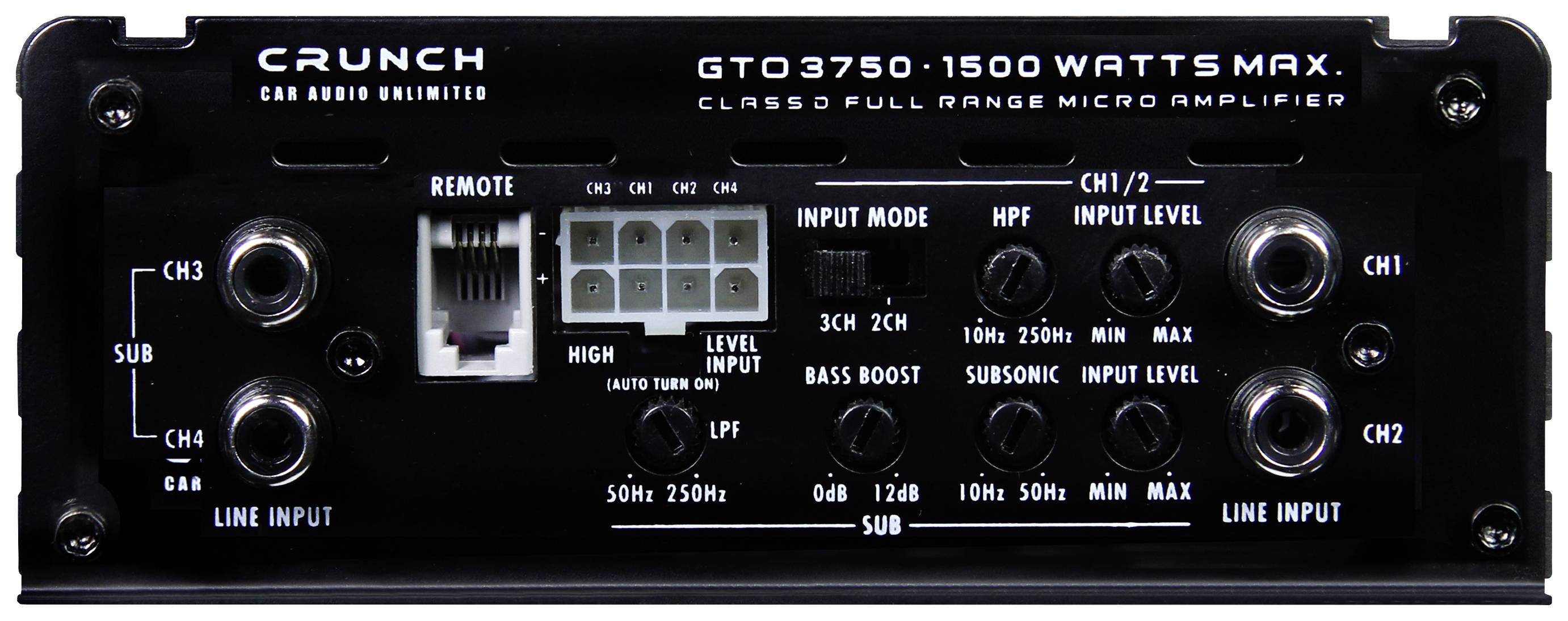 Zadní strana zesilovače Crunch GTO3750 s přípojkami pro CH3, CH1/2, vstupy subwooferu a ovladači pro Bass Boost, HPF, LPF.