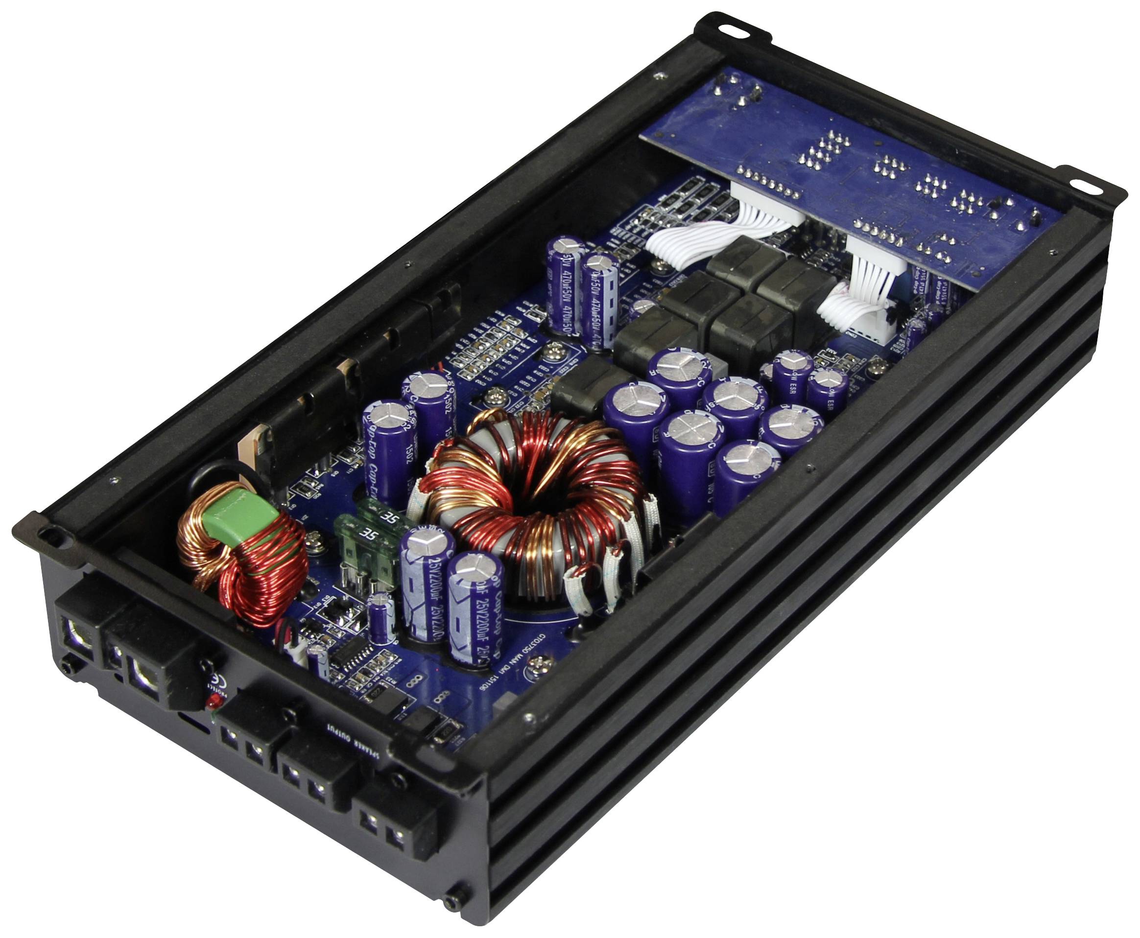 Otevřené elektronické zařízení ukazuje desku plošných spojů s různými elektronickými komponenty a měděnými cívkami v černém pouzdře.