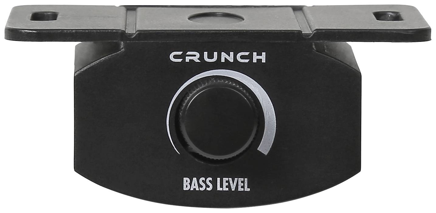 Černý regulátor s nápisem 'CRUNCH BASS LEVEL' pro nastavení úrovně basů.
