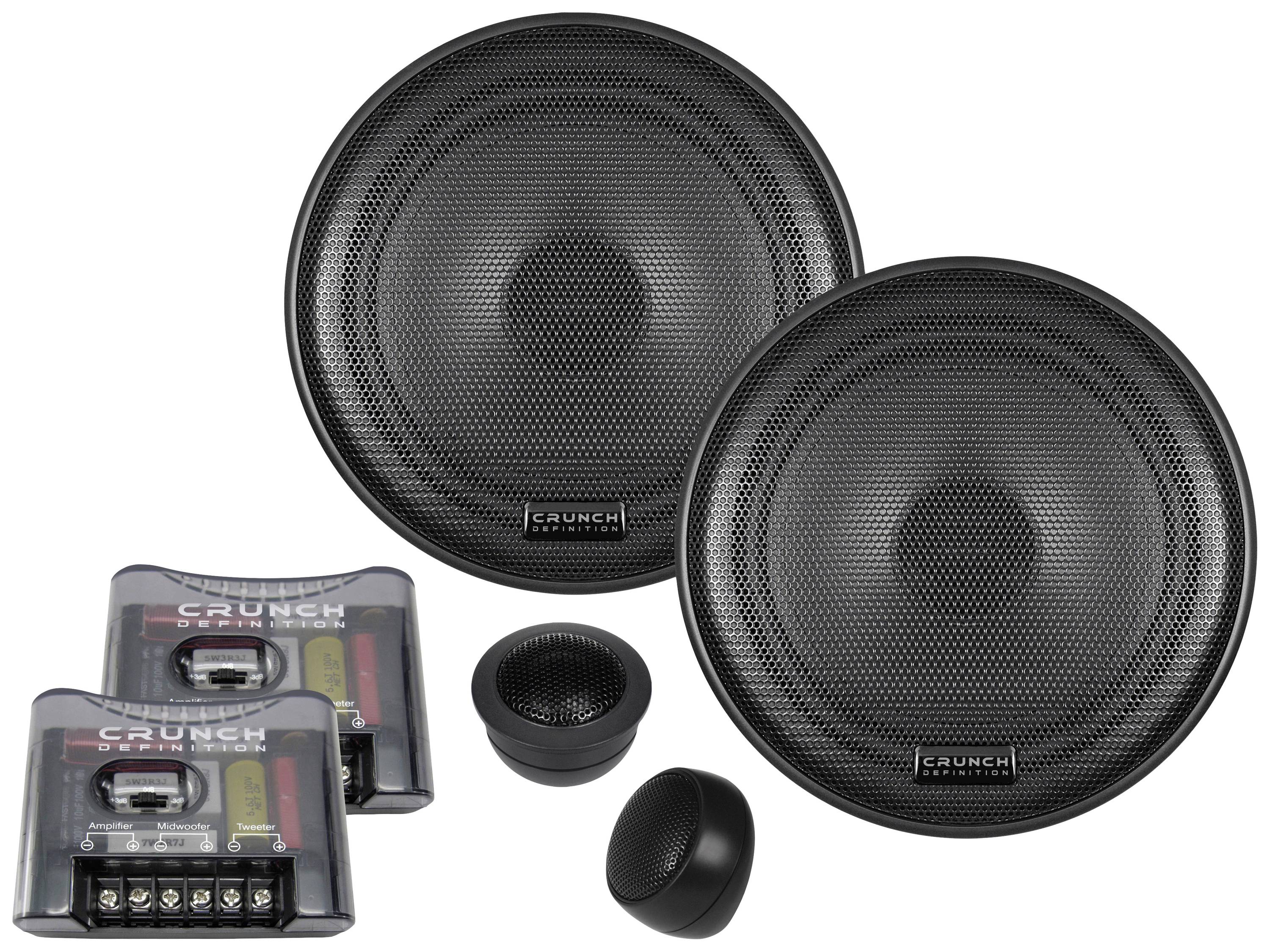 Sada reproduktorů do auta 'Car-HiFi' se dvěma velkými reproduktory, dvěma menšími výškovými reproduktory a dvěma frekvenčními děliči, pohled na produkt.