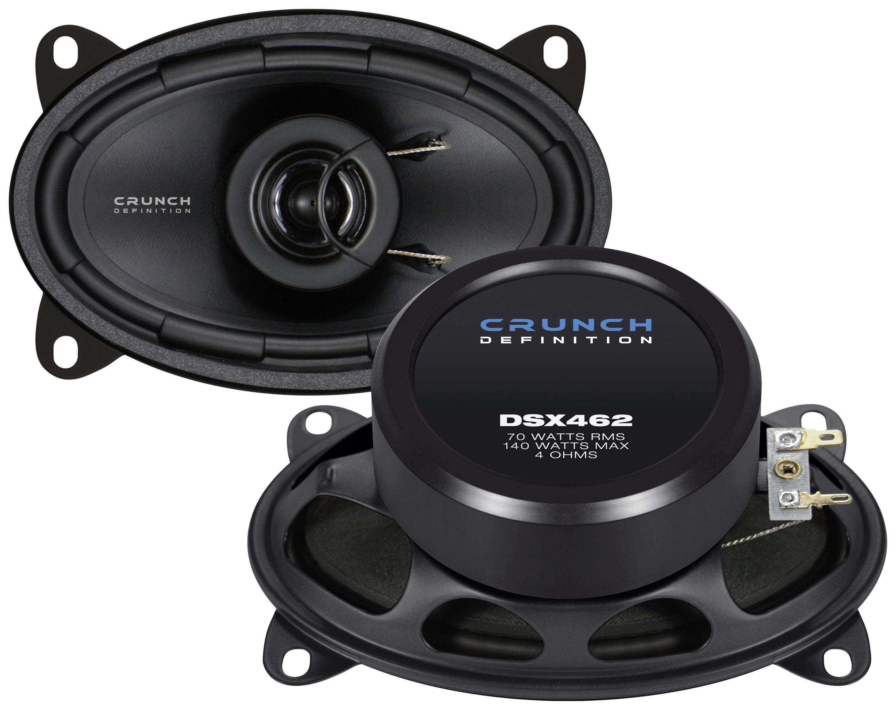 Oválné autoreproduktory v černém provedení, značka 'Crunch Definition', model 'DSX462', maximální výkon 140 W, impedance 4 Ohmy.