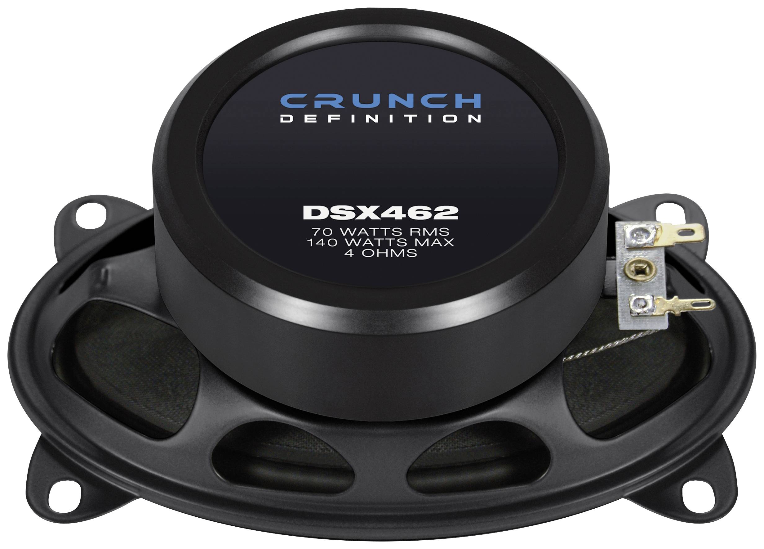 Reproduktor s nápisem 'Crunch Definition DSX462, 70 Wattů RMS, 140 Wattů Max, 4 Ohmy'. Zadní strana s připojovacími konektory viditelná.