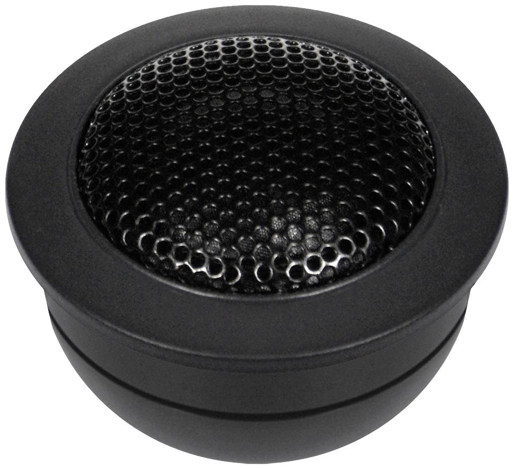 Černý reproduktor s kulatým tvarem a mřížkou připomínající včelí plástev na povrchu.