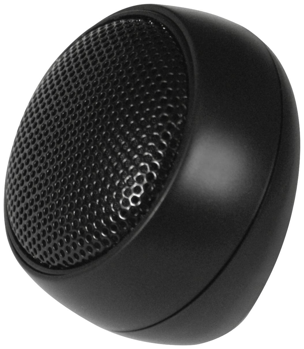 Černý kulatý reproduktor s mřížkou ve tvaru včelích pláství, fotografie z boku.
