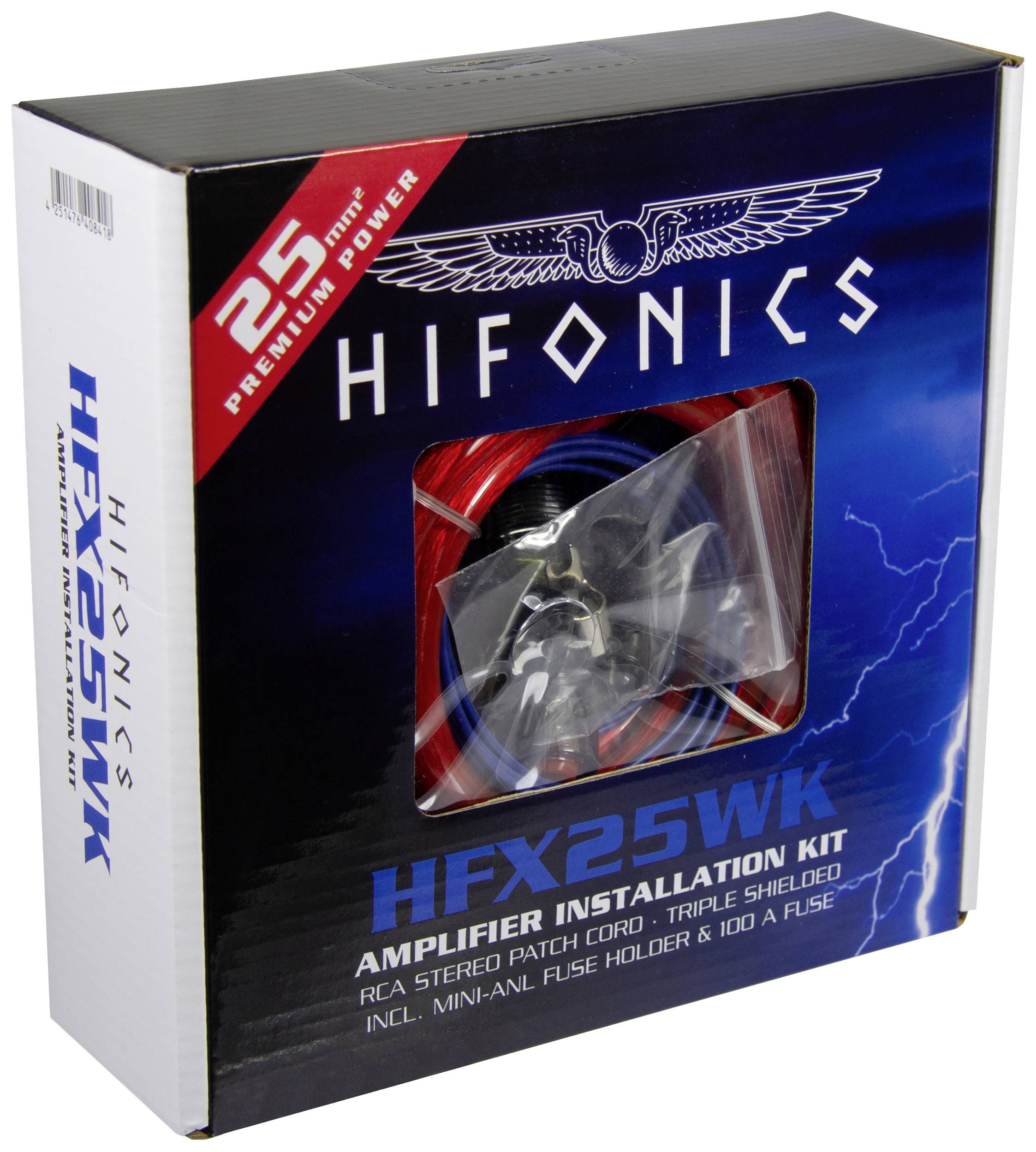 Balení instalační sady zesilovače Hifonics s nápisem 'HFX25WK'. Obsahuje stereo RCA kabel, držák pojistky a 100A pojistku.