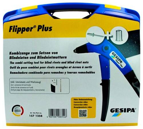 Balení pro Gesipa Flipper Plus, kombinovaný nástroj pro zátlačná nýtování a zátlačné nýty s maticí, zobrazeno s obrázkem nástroje a podrobnostmi produktu.