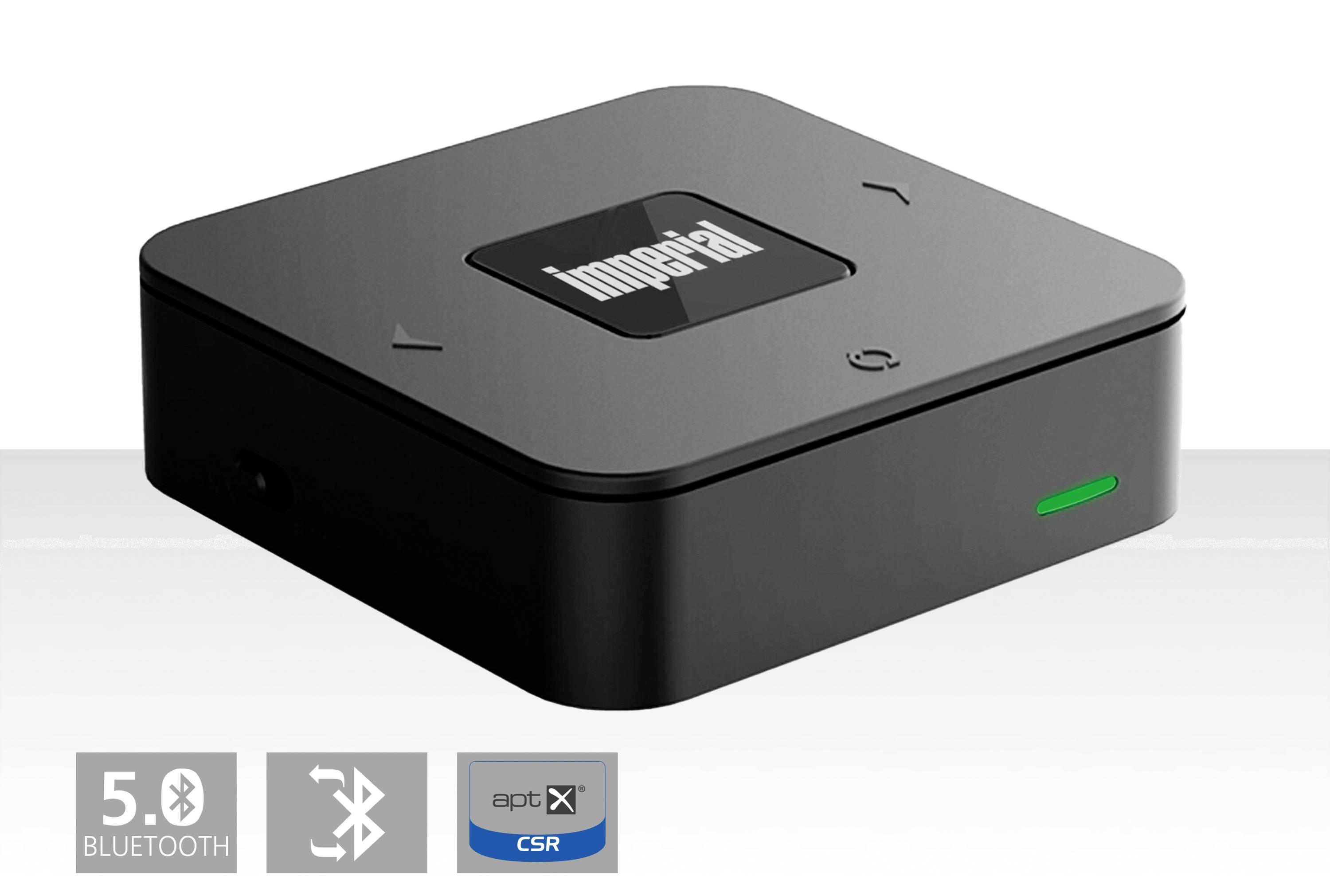 Černý Bluetooth 5.0 přijímač s ovládacími tlačítky, LED indikátorem a logem 'imperial'. Vhodný pro bezdrátový přenos audia.