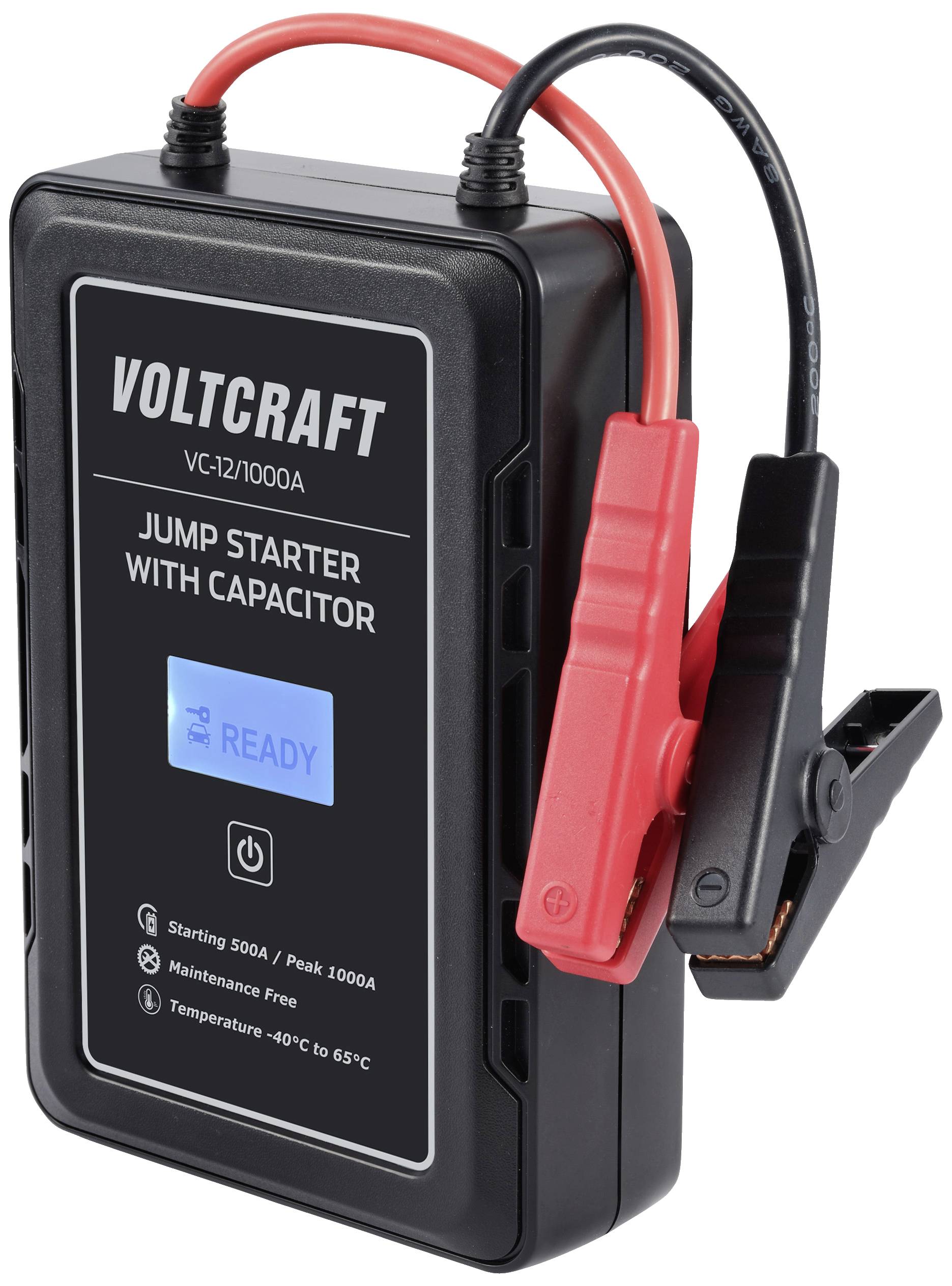 Startovací zařízení do auta 'Voltcraft' s kondenzátorem, model VC-12/1000A. Obrázek ukazuje nabíječku s červenými a černými krokosvorkami.