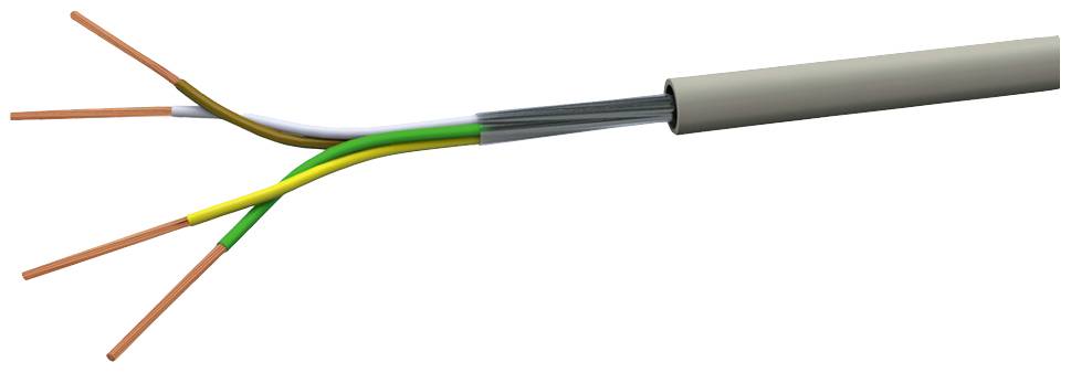 Elektrický kabel s několika izolovanými měděnými vodiči v různých barvách vyčnívá z šedého kabelového pláště.