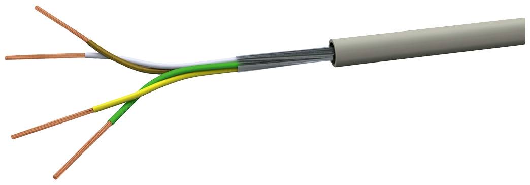 Elektrický kabel se třemi barevně rozlišenými vodiči, izolovaný šedým pláštěm.